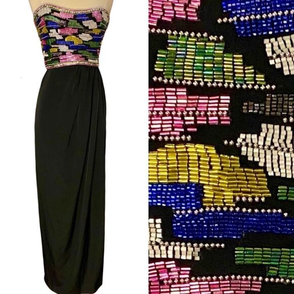 Incredible True Vintage 1960’s Rainbow Beaded Bust Ruched Side Slit Evening Gown - Picture 1 of 14